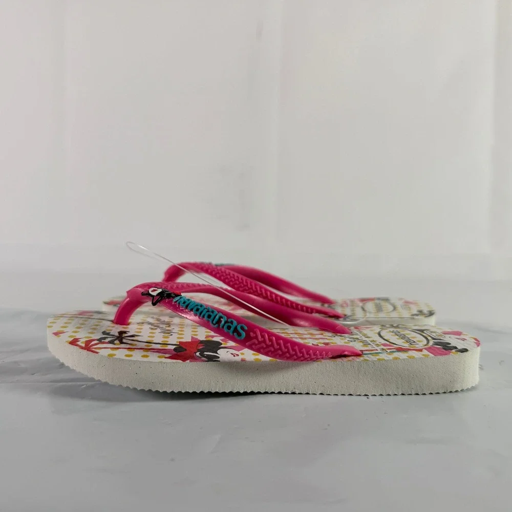 NWT Havaianas Disney Minnie Mouse Flip Flops Kids Girls 11/12C White Pink Flux